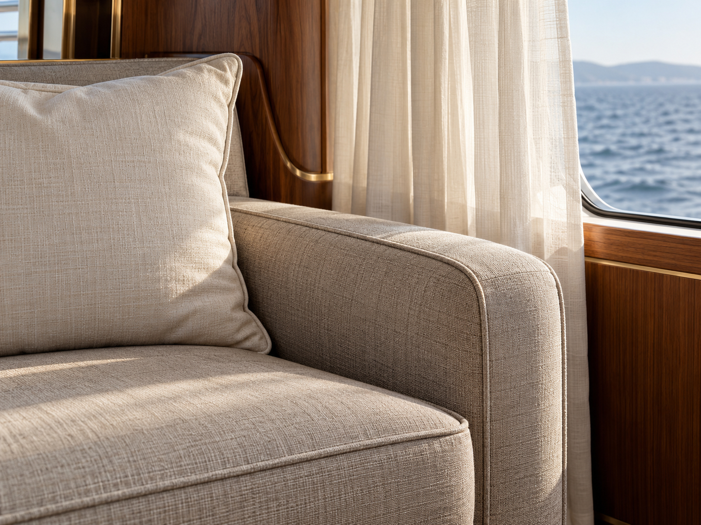 Λεπτομέρεια καθίσματος yacht με ουδέτερη υφασμάτινη ταπετσαρία, προσεγμένες ραφές και κουρτίνα δίπλα στη θάλασσα.