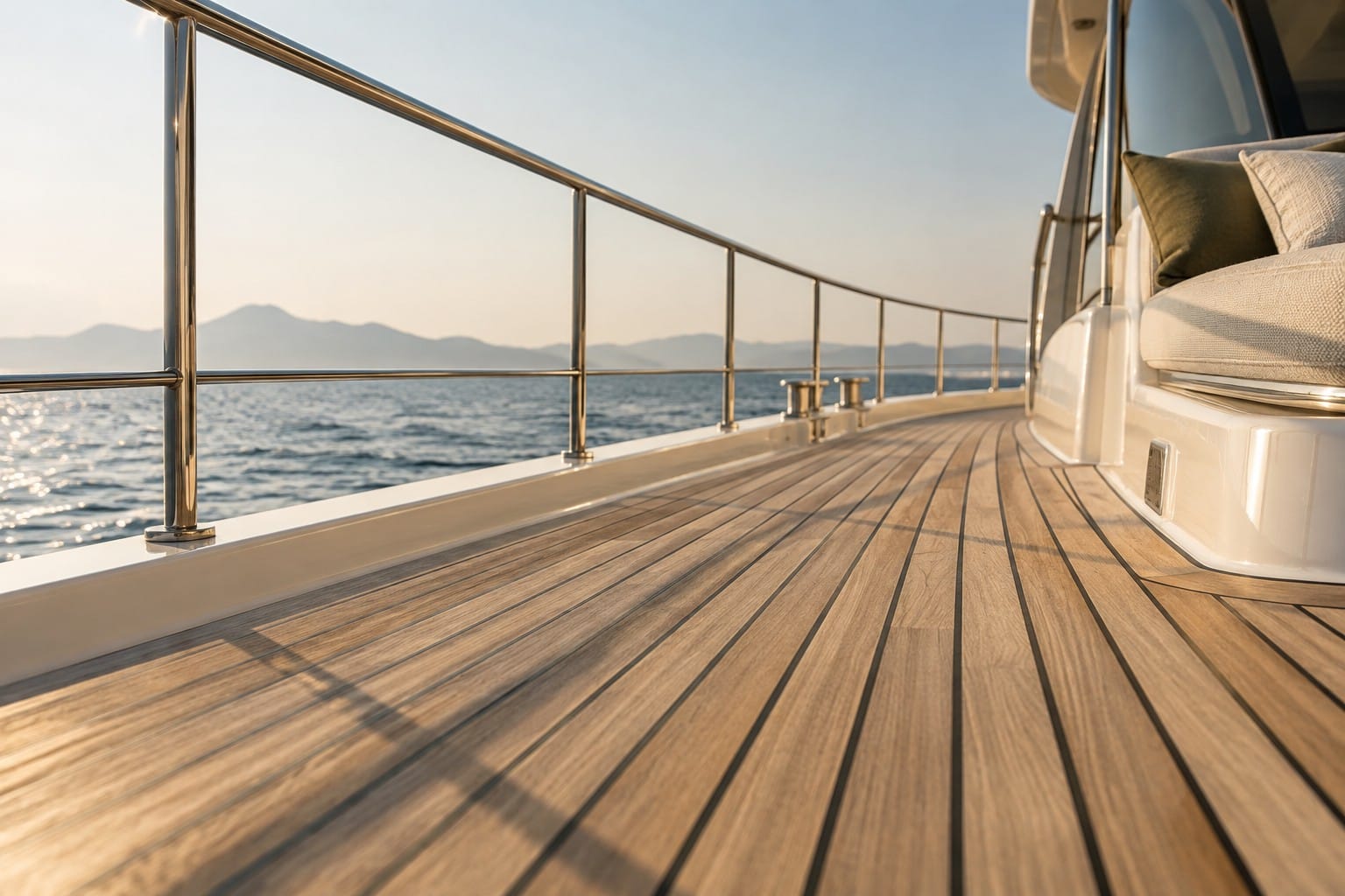 Κατάστρωμα teak σε σκάφος με κάγκελα και θέα στη θάλασσα