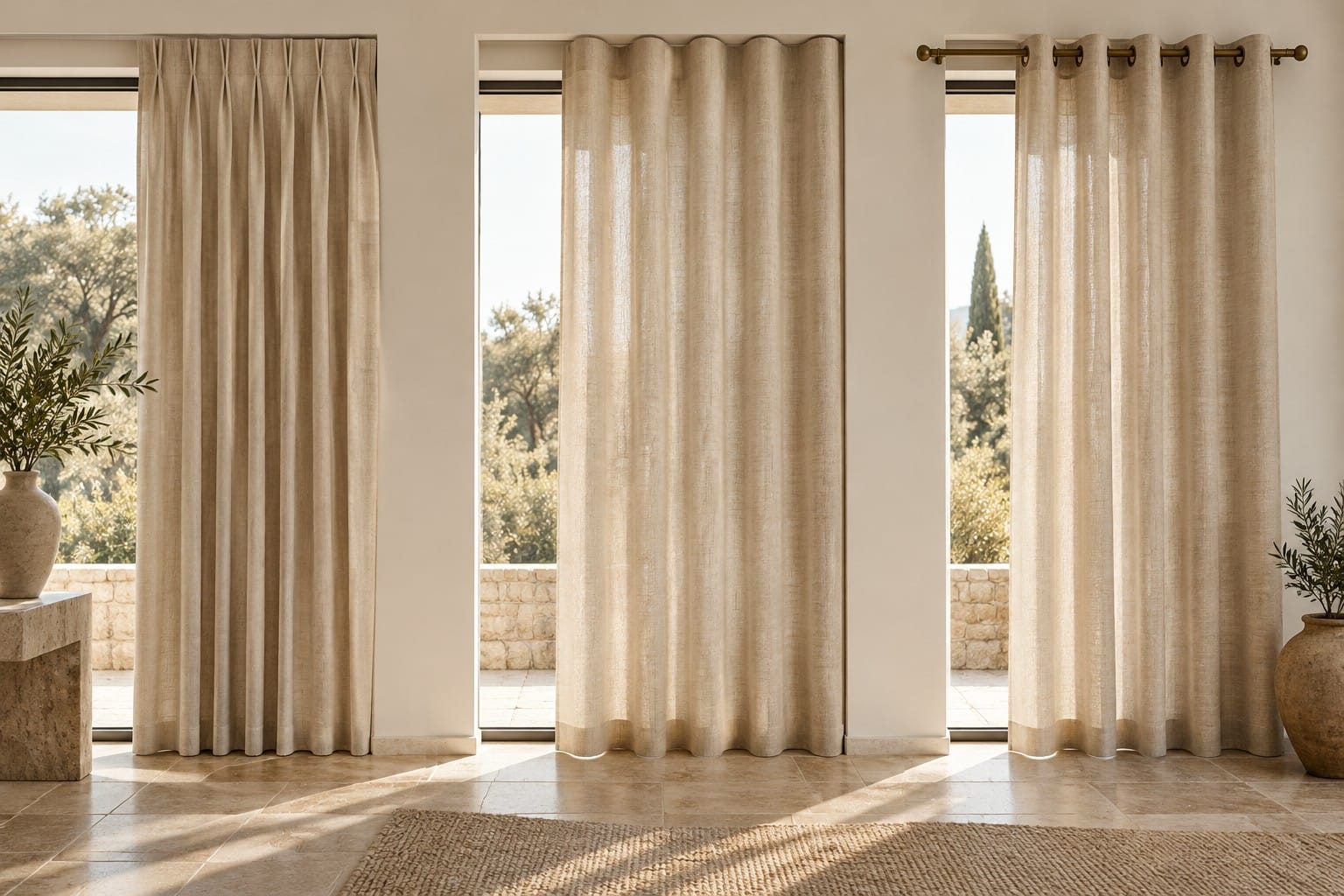 Τρεις κουρτίνες δίπλα δίπλα: πτυχωτή, κυματιστή και με κρίκους