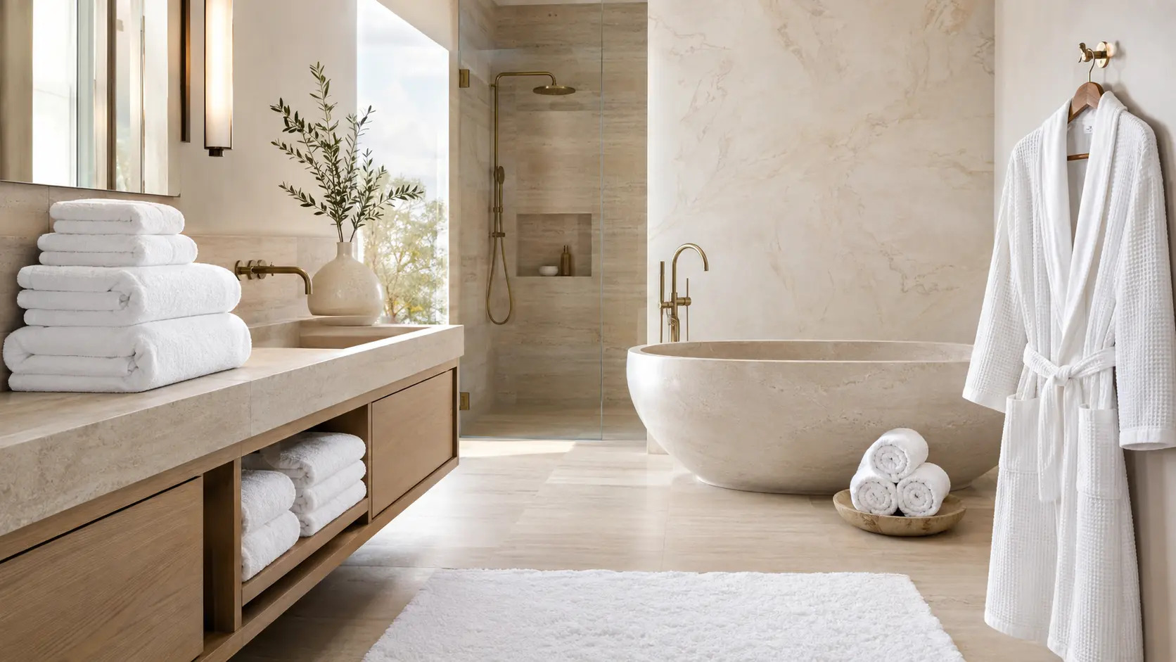 Premium μπάνιο spa με πετσέτες, μπουρνούζι, πατάκι και τυλιγμένα υφάσματα spa