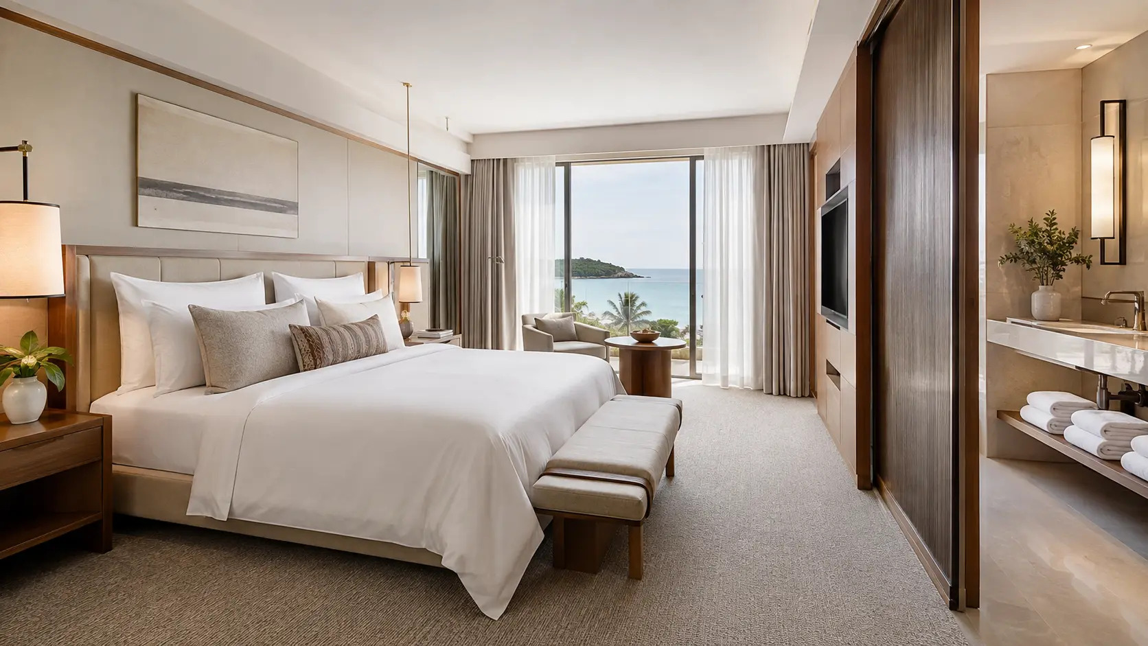 Aegean coastal hospitality suite with white linen